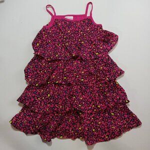 Girls Size 5 Cherokee Dress Cheetah Ruffle Hot Pink Spaghetti Strap Cotton